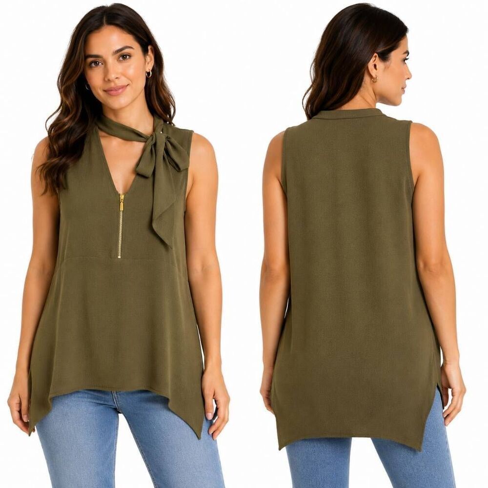 Harve Benard Olive Sleeveless Tie Neck Blouse Medium